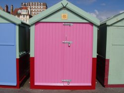 Beach hut with pink doors